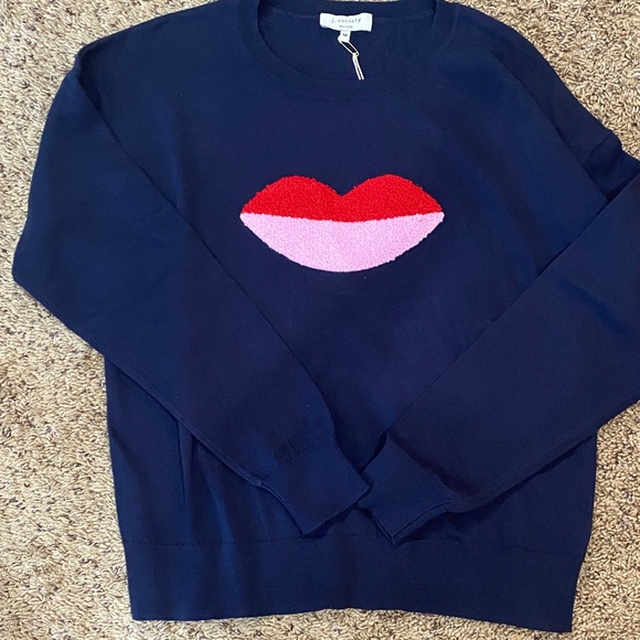 J society Sweaters - Stylish Navy Sweater with Red and Pink Lip Design